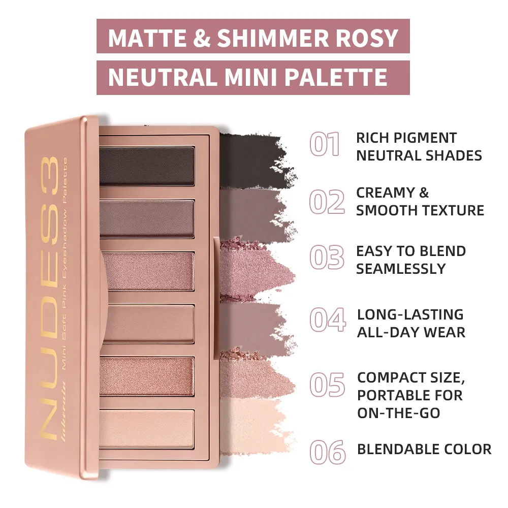 Soft Pink Eyeshadow Palette 6 Colors Matte Shimmer High Pigment Blendable Long Lasting Multi‑scene Eye Makeup Palette