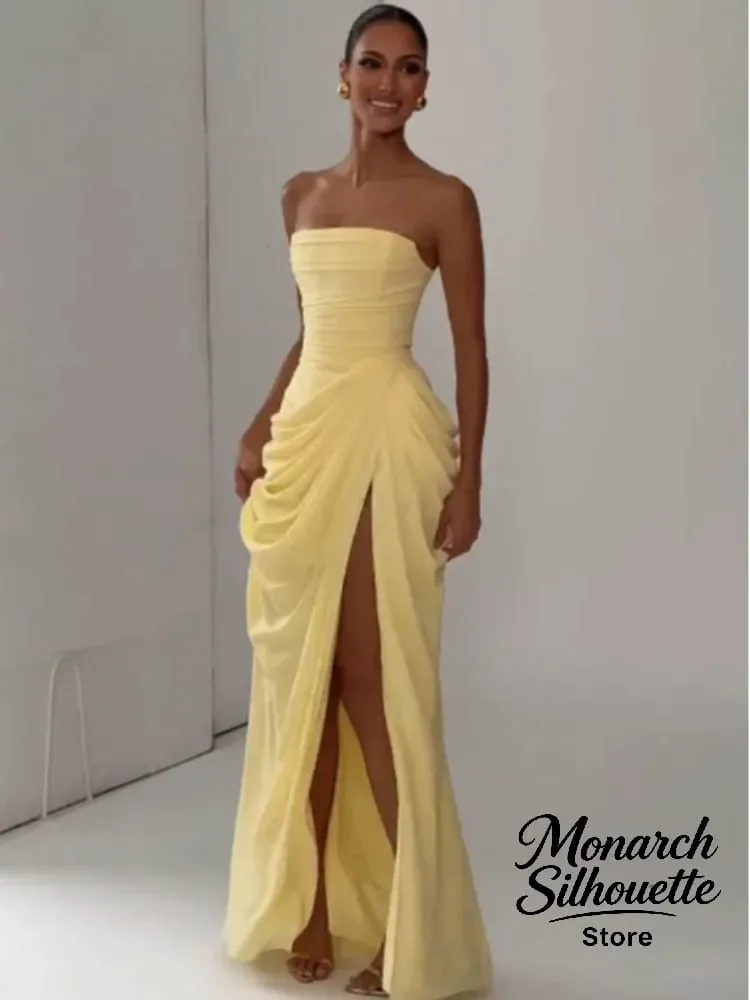 Elegant Yellow Strapless Pleated Long Dress Women Chic Solid Sleeveless Waist Cinching Split Gown 2026 Lady Evening Party Robes — image 2