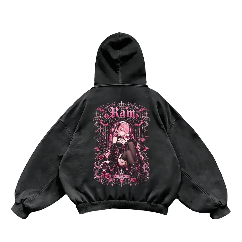Anime Re:Zero Ram gothique sweats à capuche Vintage lavé Streetwear hommes femmes vêtements automne manches longues surdimensionné 100% coton haut à capuche — image 3