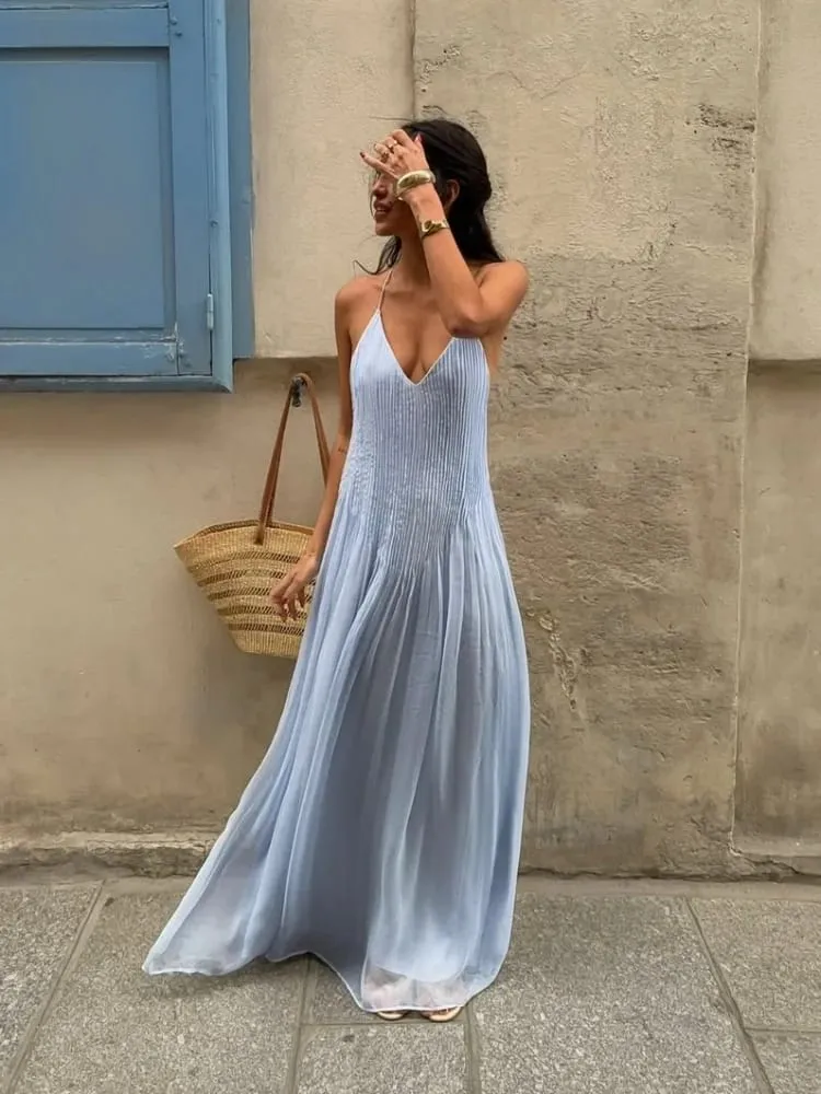 Sexy dámské jednobarevné plisované dlouhé šaty elegantní bez rukávů podvazkové šaty slim fit šaty na plážový večírek