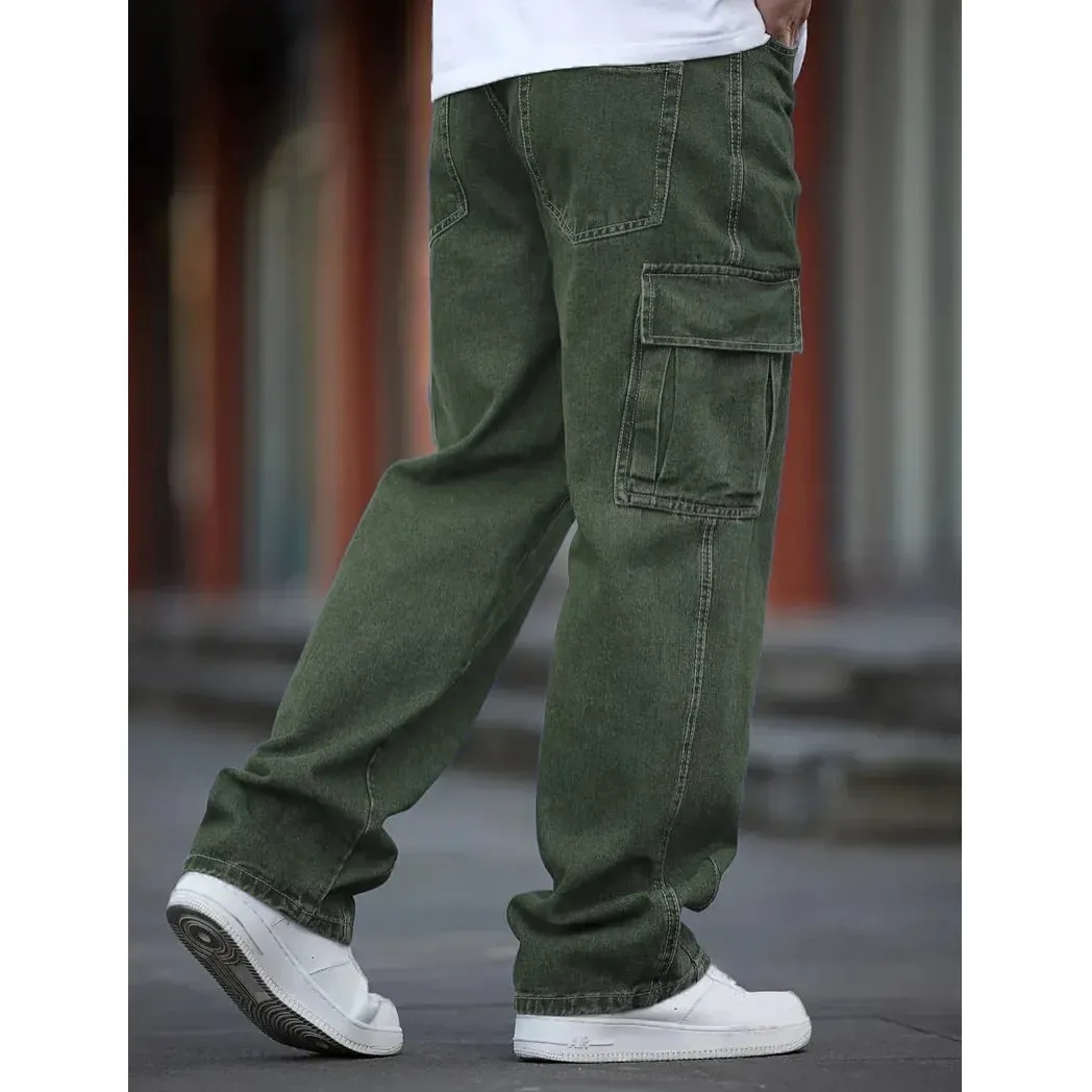 2026 New Arrival Men Cargo Jeans Multi‑Pocket Loose Wide Leg Straight Denim Pants HipHop Street Workwear Trousers