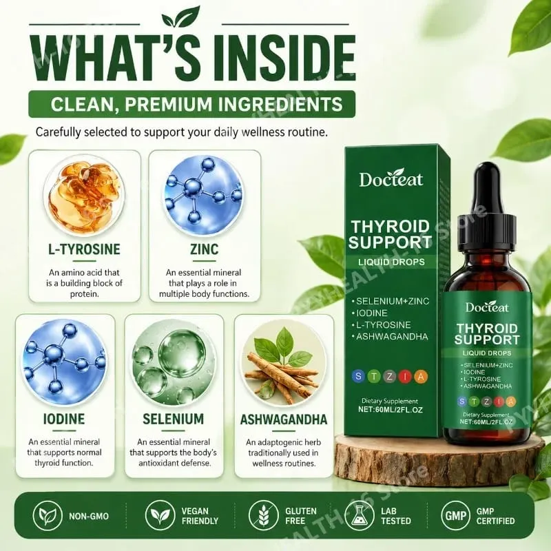 Docteat Thyroid Support Liquid Drops with Selenium Zinc Iodine L-Tyrosine & Ashwagandha Dropper Design for Daily Use 60 ML
