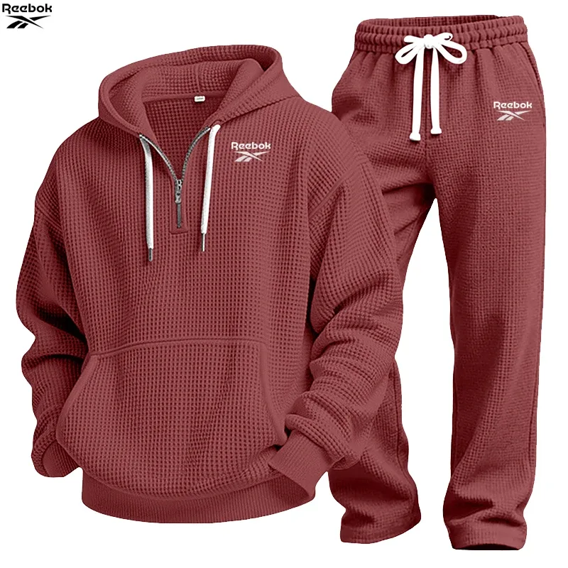 2026 Reebok Brand Spring-Autumn Men's Hooded Sweatshirt Set - Retro Solid Color Loose Fit Street Style Half-Zip Hooded Shirt - C