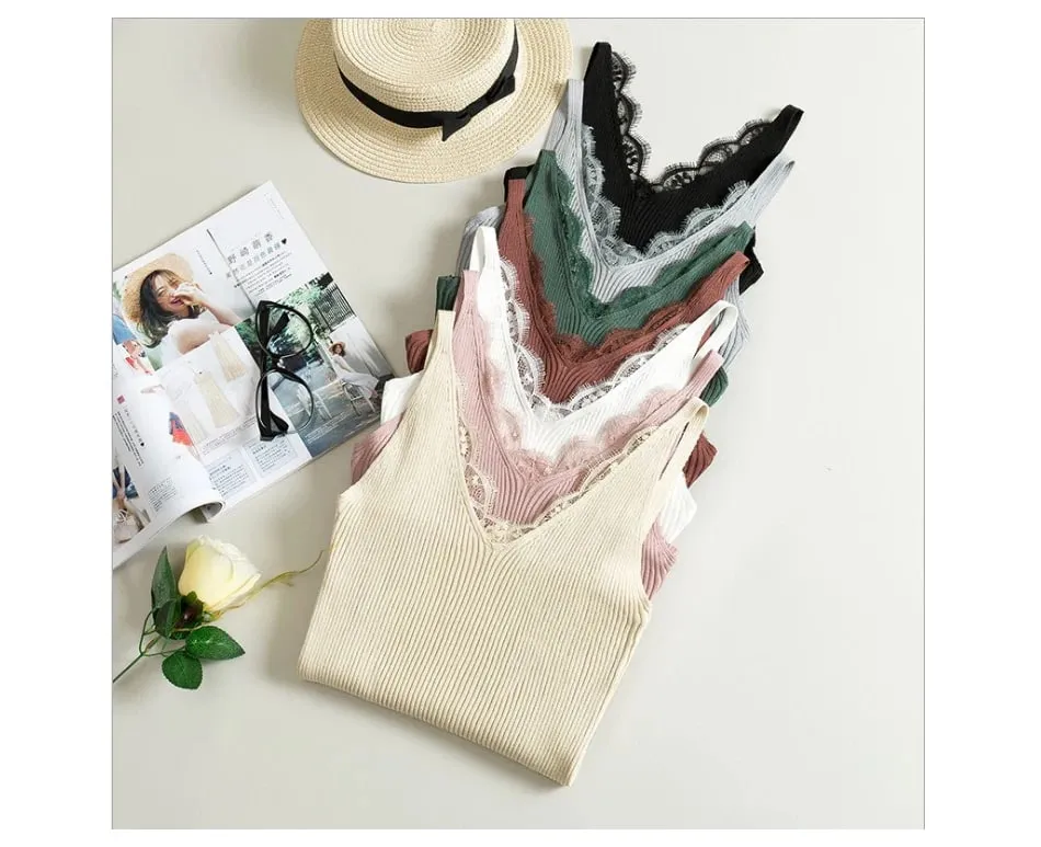 2026 Summer Casual Tops Solid Stitching V-neck Camis Women Hook Flower Lace Tank Female Knitted Short Slim Sleeveless Shirt — image 8