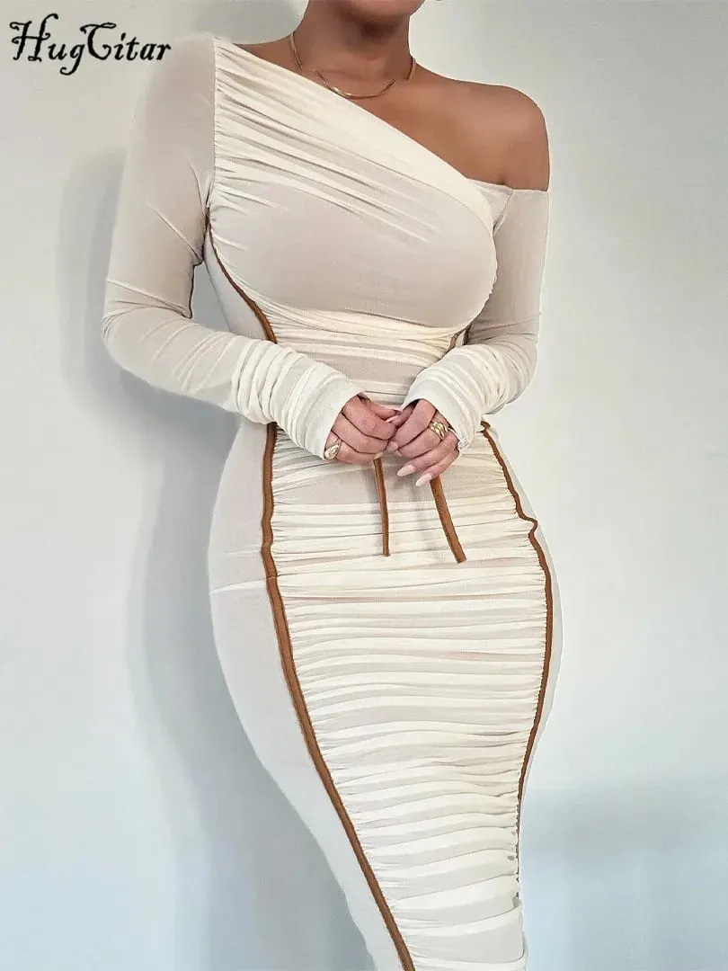 Hugcitar Mesh Solid Diagonal Krave Langærmet Draperet Sexet Gennemsigtig Bodycon Maxikjole Sommermodetøj Festival Club