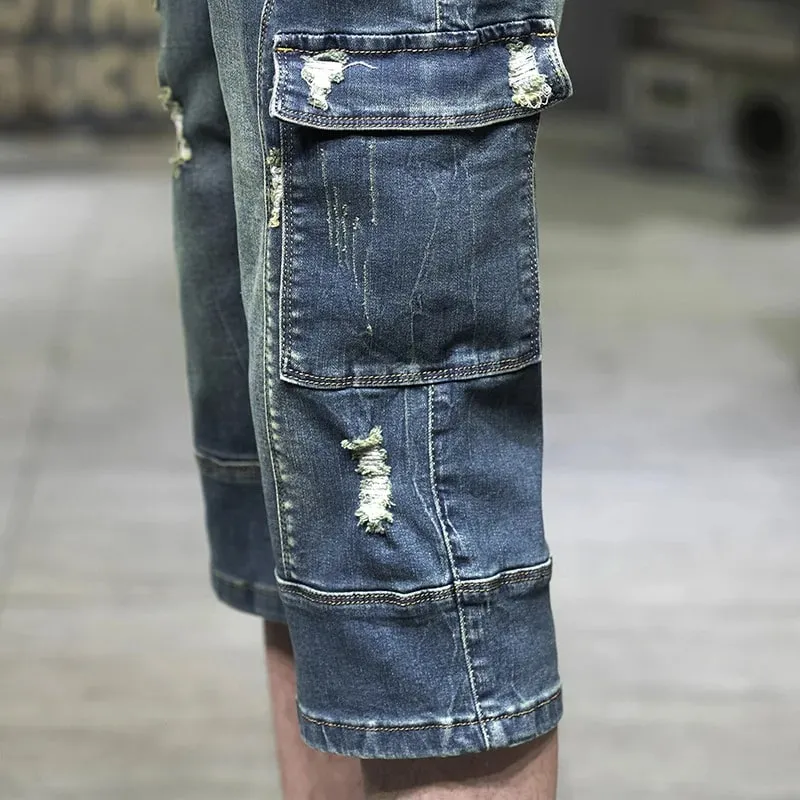Cargo Man Denim Shorts Knee Length Half Long Bermuda Short Jeans Pants for Men with Pockets Blue Luxury Jorts Thin Streetwear — image 6