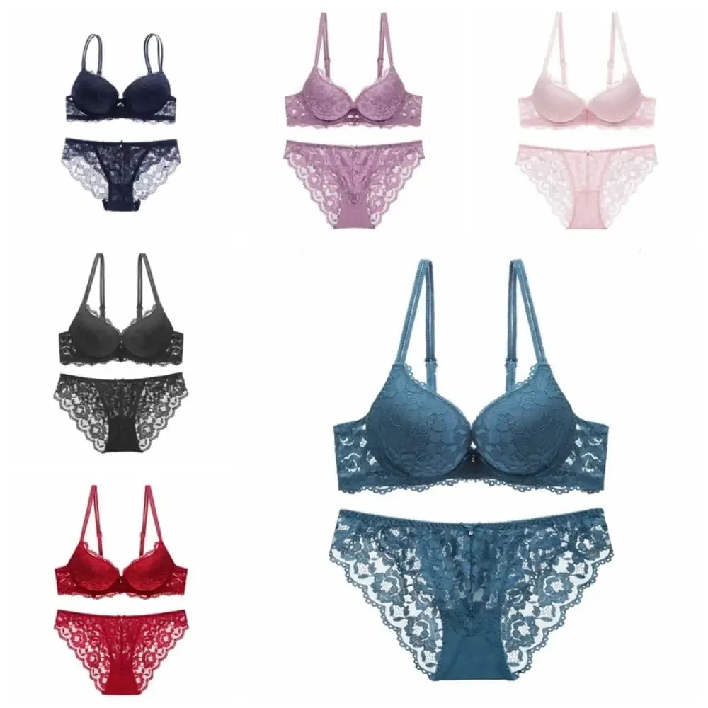 Fashion Mesh Lace Flower Bra Low Waist Bowknot Push Up Bra Women Lingerie Non Slip Bra Panties Set Girl — image 2