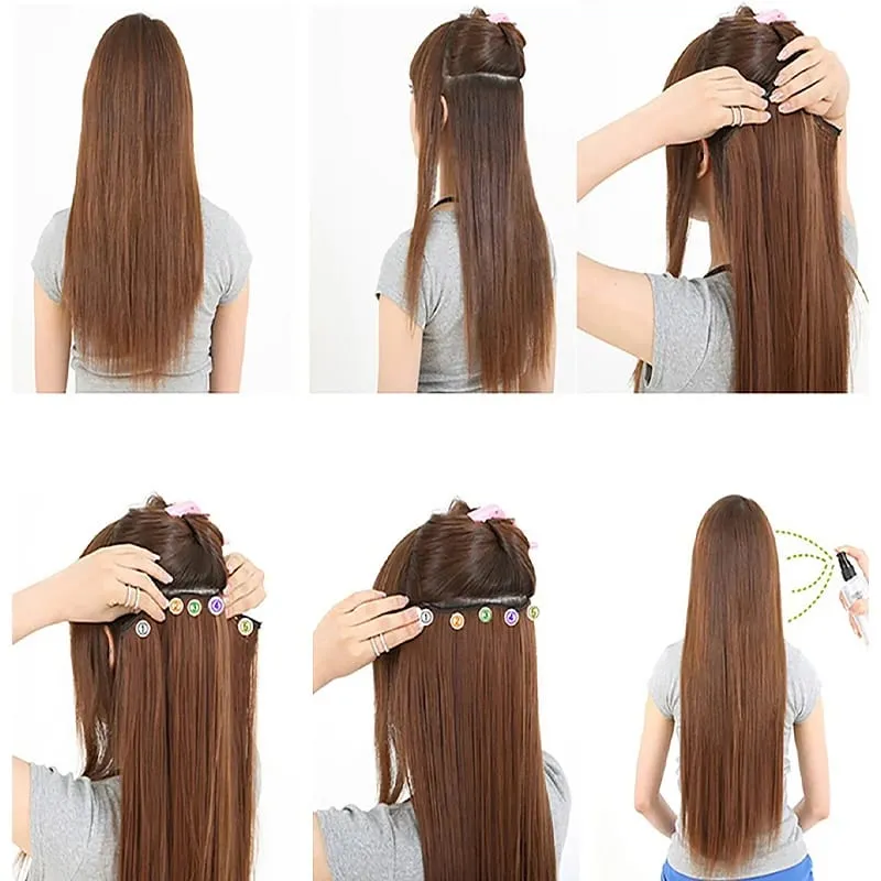 Synthetic 24Inch Long Straight One Piece Rainbow Highlight Clip In Hair Extensions for Women Daily Use Easy Wear