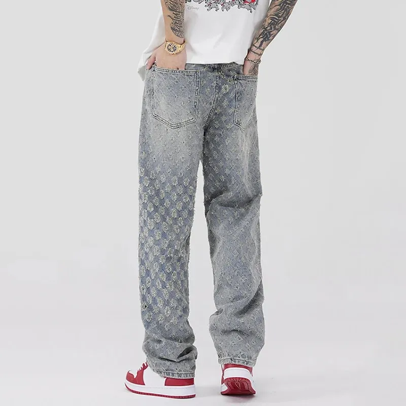 Men American Style Vintage Jacquard Design Jeans Fashion Male Summer Thin Daily Casual Denim Pants Loose Straight Leg Trousers