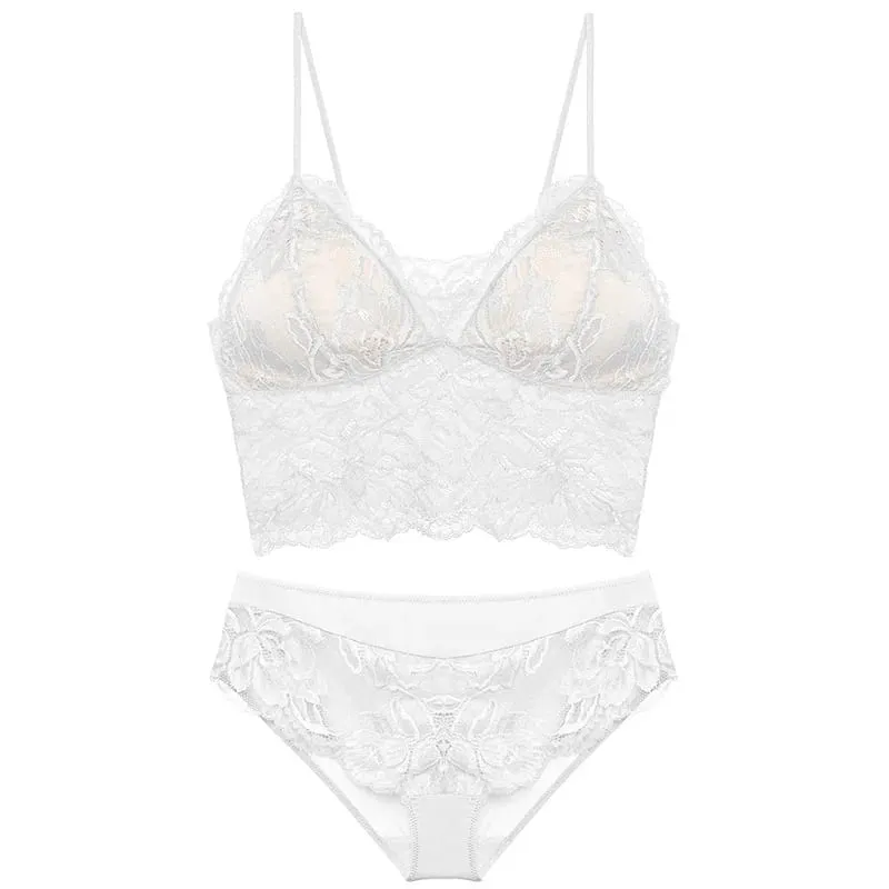 French Backless Bralette Sheer Lace Wireless Halter Top No Underwire Anti Nipple Show Comfort Bra & Tushy Set CA MOYISU Sexy Bra