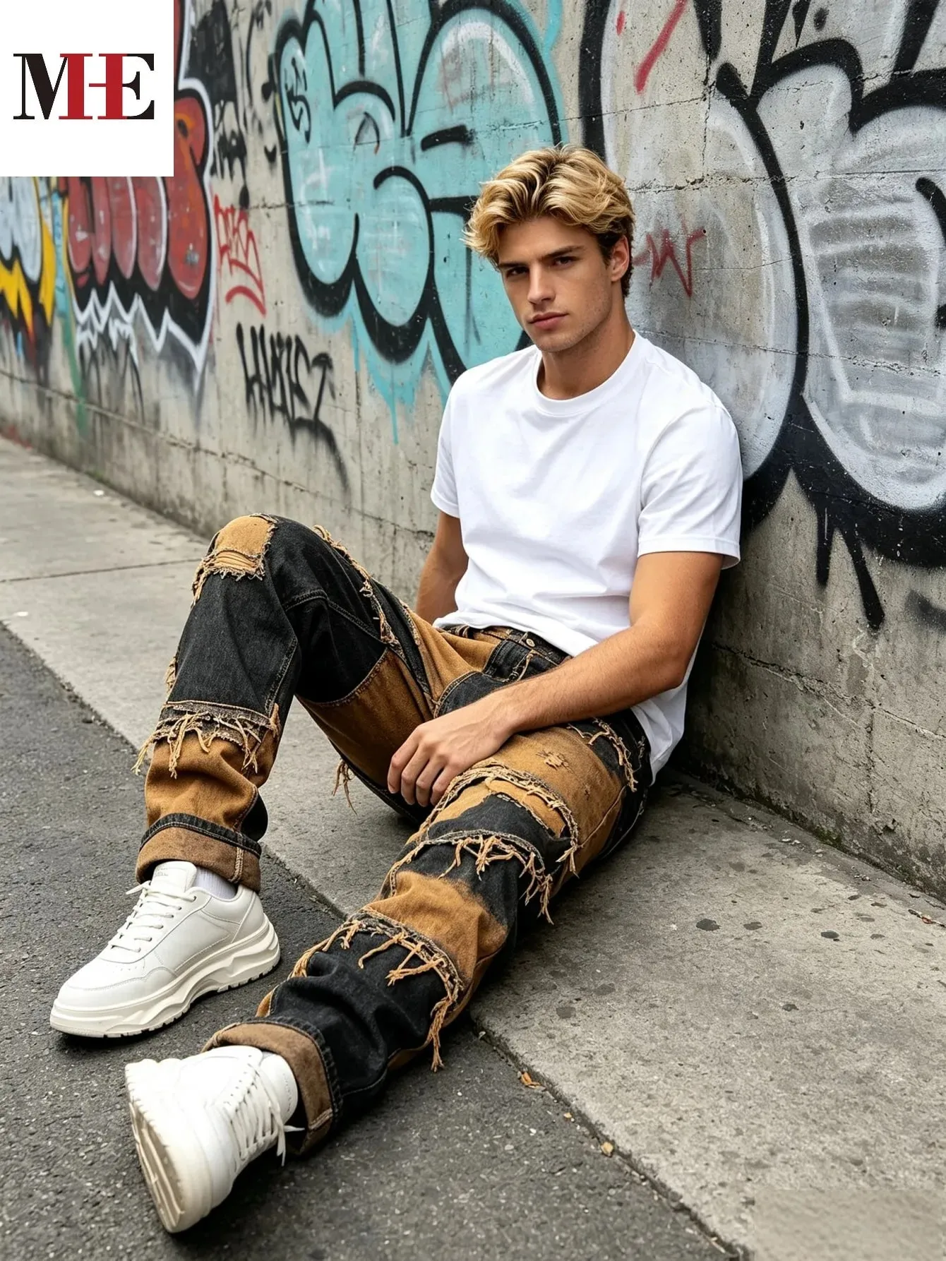 【HME】Men's Jeans | Straight‑Fit Deconstructed Denim Pants vintage Mud‑Wash Two‑Color Spliced Denim Trousers Exposed Frayed Tassel Seams Classic Five‑Pocket Construction Durable Fabric Fashion Men Casual Pants — image 5