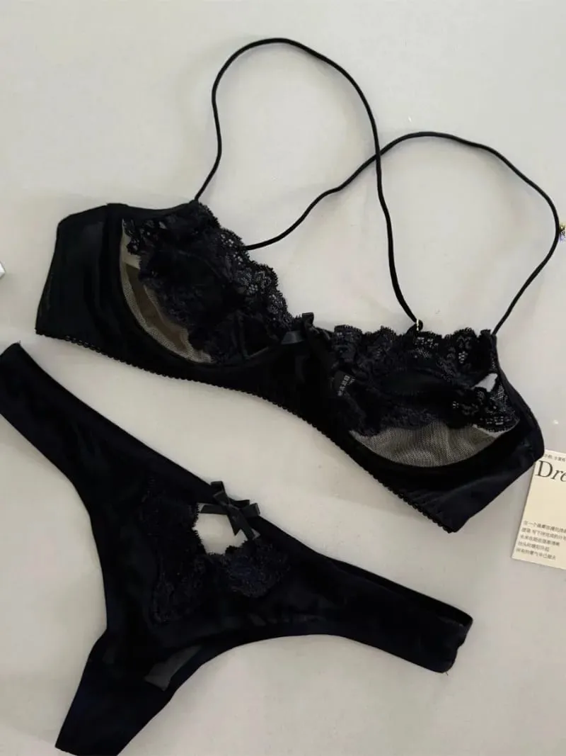 Set intimo reggiseno francese scavato con fiocco in pizzo mezza coppa reggiseno donna lingerie sexy tentazione ultrasottile abiti erotici caldi