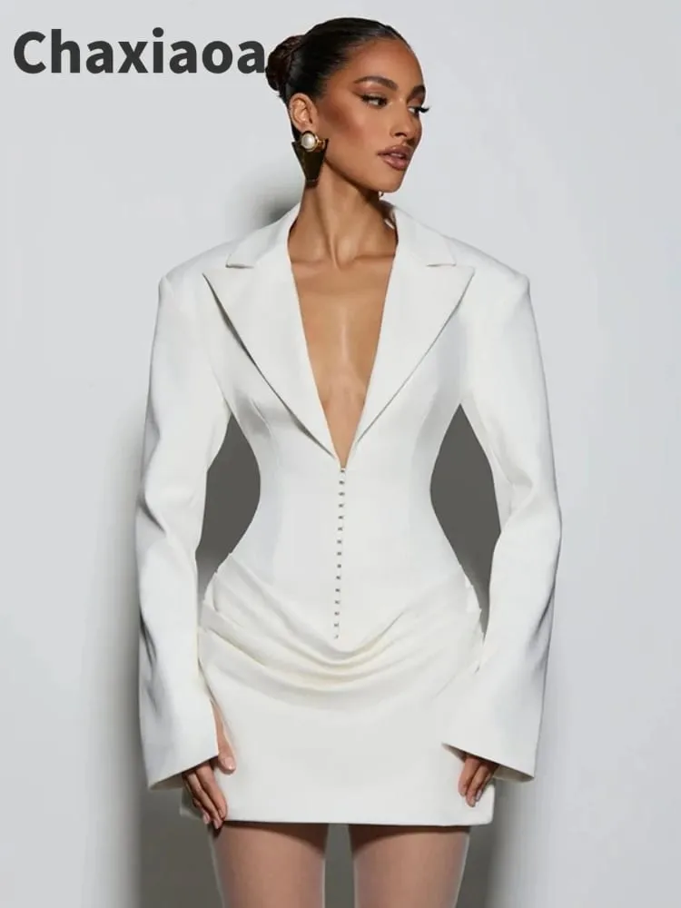 Chaxiaoa Long Sleeve Deep V Neck Ruched Sexy Mini Dress Women Autumn Winter Fashion High Waist Club Party Blazer Dresses Female