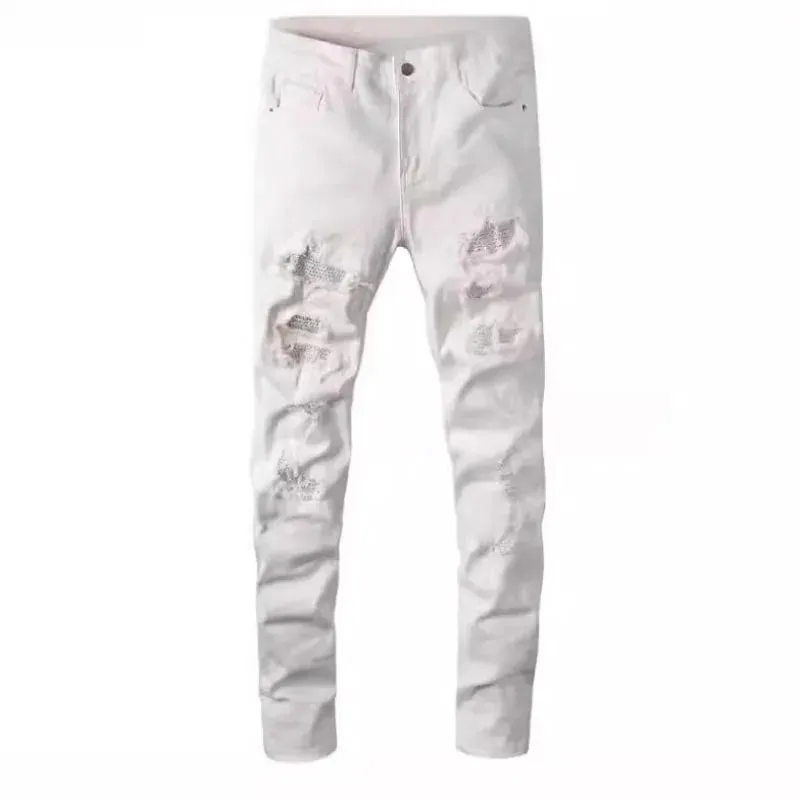 Diamond-encrusted Washed Ripped Patch Patchwork Hot Diamond Jeans Beggar Pants Men
