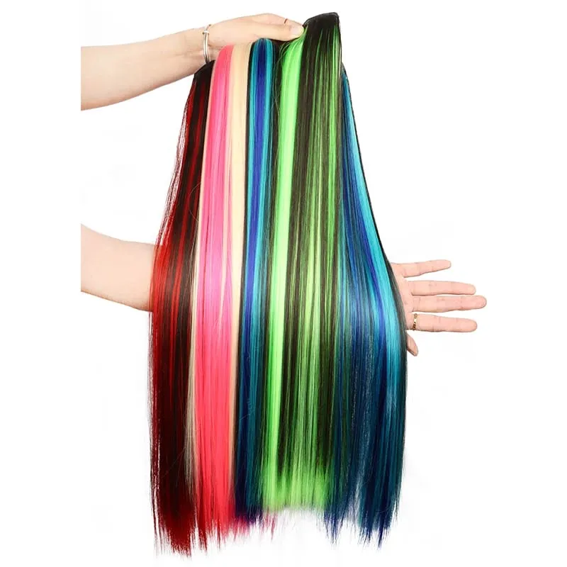 Synthetic 24Inch Long Straight One Piece Rainbow Highlight Clip In Hair Extensions for Women Daily Use Easy Wear