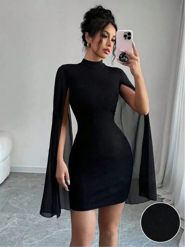 Sexy Women's Stand Collar Cape Mini Dres