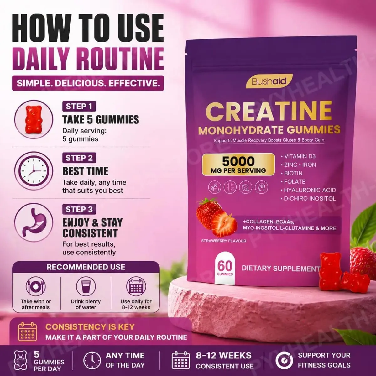 BushAid Creatine Monohydrate Gummies สำหรับการฟื้นฟูกล้ามเนื้อหลังการออกกำลังกายด้วย Multi-Collagen Blend BCAA และ Zinc 60 Gummies