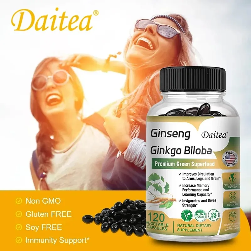 Premium Ginseng + Ginkgo - Nootropic Brain Supplement Hukommelse & koncentrationscirkulation & energiboost 120 kapsler