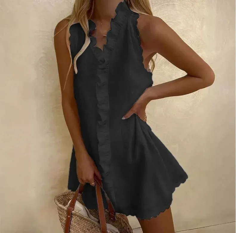New Women Casual Cotton And Linen White Dress Summer V Neck Ruffles Sleeveless Elegant Boho Beach Party Mini Dresses Female Robe
