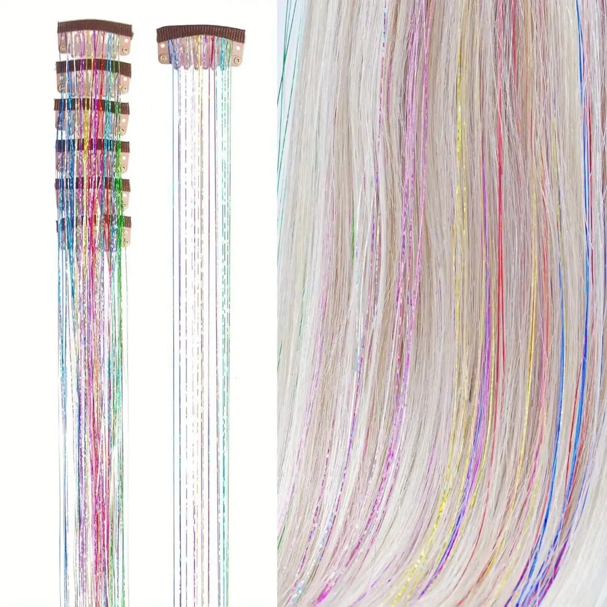 6Pcs Hair Tinsel Clip in 19.6Inch Glitter Synthetic Tinsel Hair Clip in Hair Tinsel Kit Heat Resistant Shiny Sparkle Fairy Hair