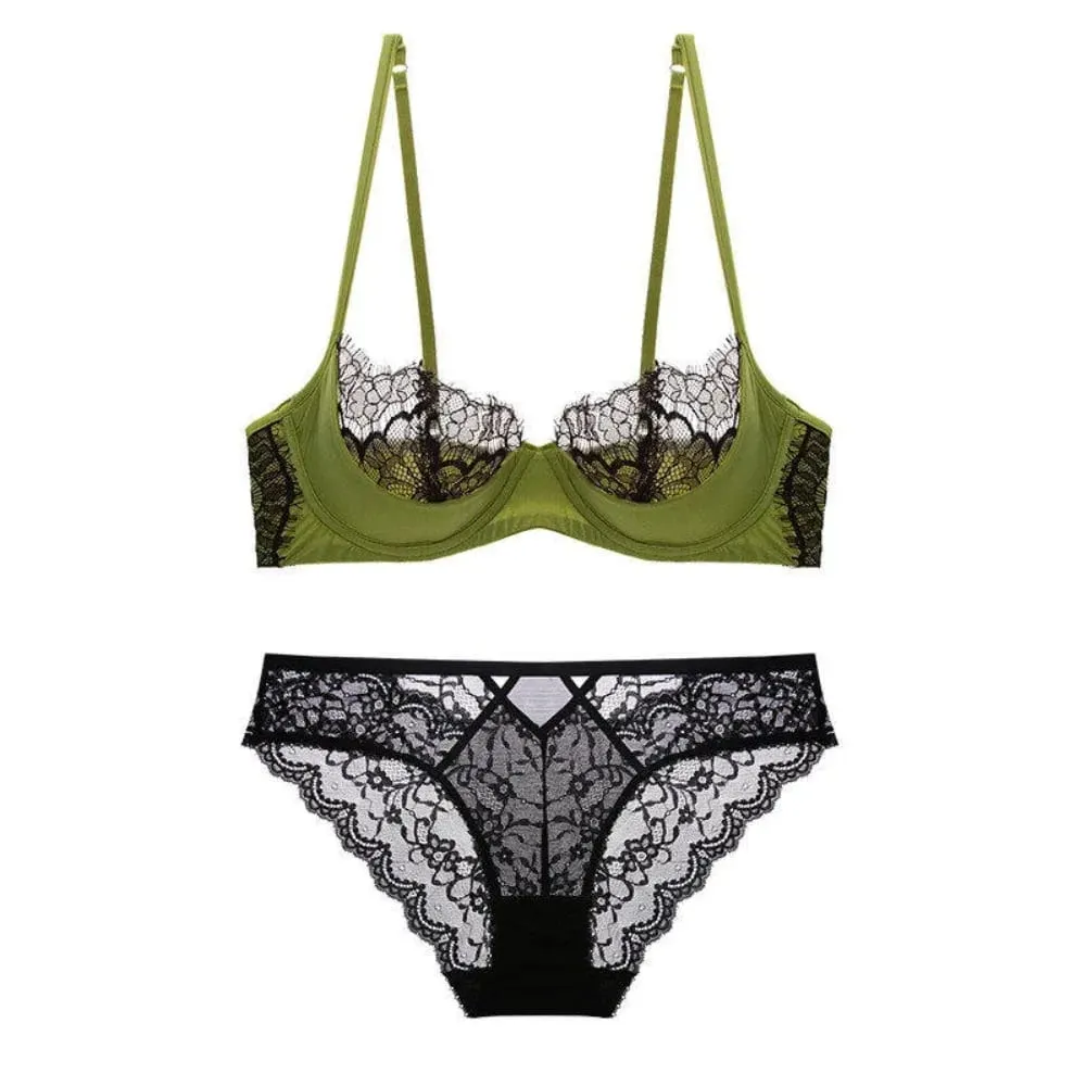 Women Ultra Thin Sheer Lace Half Cup Bra Set Big Bust Minimizer Support Lift Lightweight Wireless Casual Lingerie Underwear S-XL