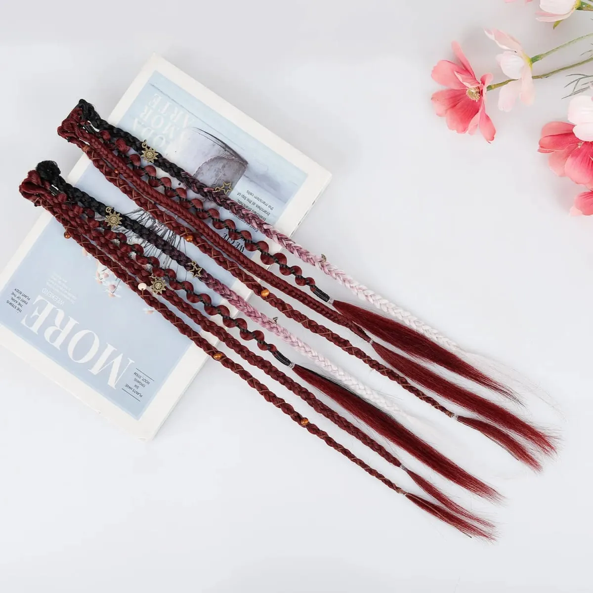 Boho Ombre Burgundy Braided Ponytail Hair Extensions Synthetic Braids With Bohemian Viking Hair Pieces For Women Carnival Party — image 6