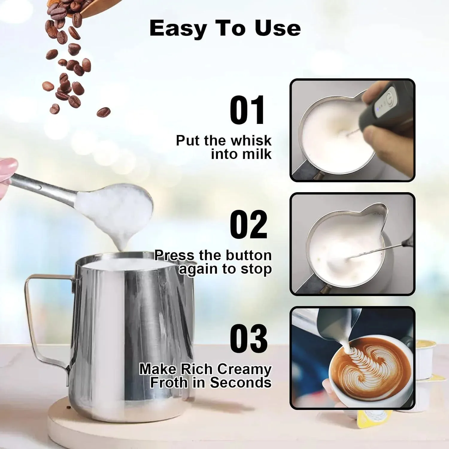Milk Frother USB Rechargeable 3 Speeds Foam Maker Coffee Whisk Mixer Electric Handle Blender Egg Beater — image 3