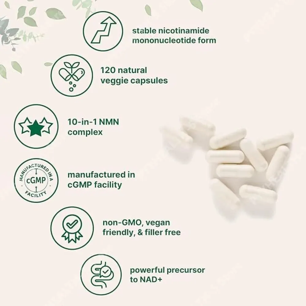 NMN Complex 1000mg Per Serving 10-in-1 NAD+ Precursor with Resveratrol CoQ10 120 Vegetarian Capsules Daily Support