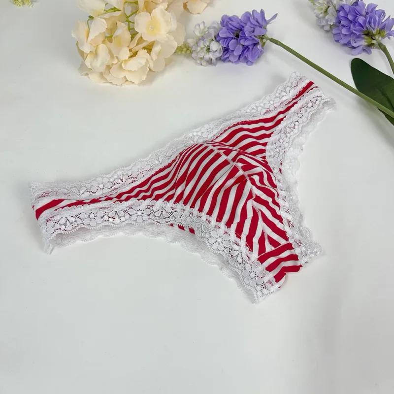 Men Lace Trim Striped G-string Underwear Half-covered Butt Low-rise Pantie Thong Half Hip Men Briefs Mens Sexy Underwear