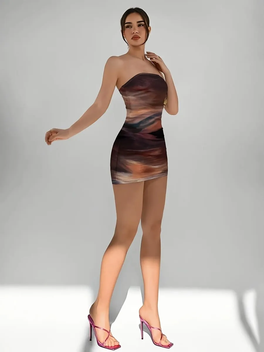 Elegant Women's Knitted Gradient Print Mini Dress Spring Summer New Style Party Holiday Sexy Strapless Slim Fit Gown