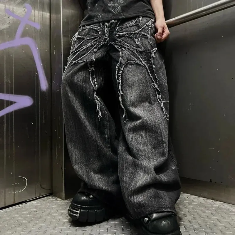 Vintage Y2K Baggy Jeans Splicing embroidery Pattern high quality jeans Hip Hop Gothic Streetwear men women Casual wide leg jeans — image 2