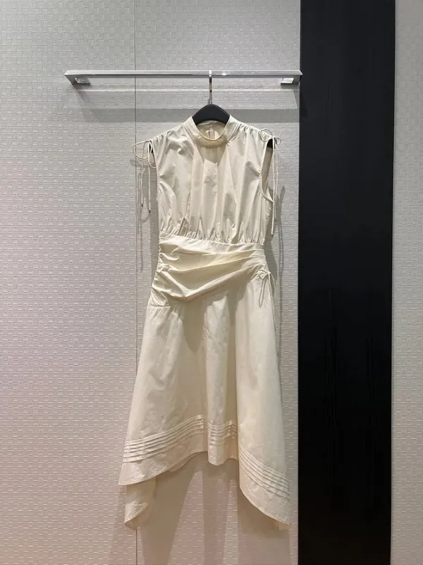 New 2026 spring summer women drawstrings stand collar cotton dresses sleeveless folds irregular dress — image 8
