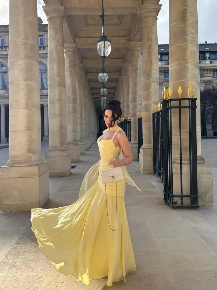 Sexy Solid Pleated Sling Dress Women Elegant Square Neck Sleeveless Waist-cinching Maxi Dresses 2026 New Summer Lady Party Robe — image 6