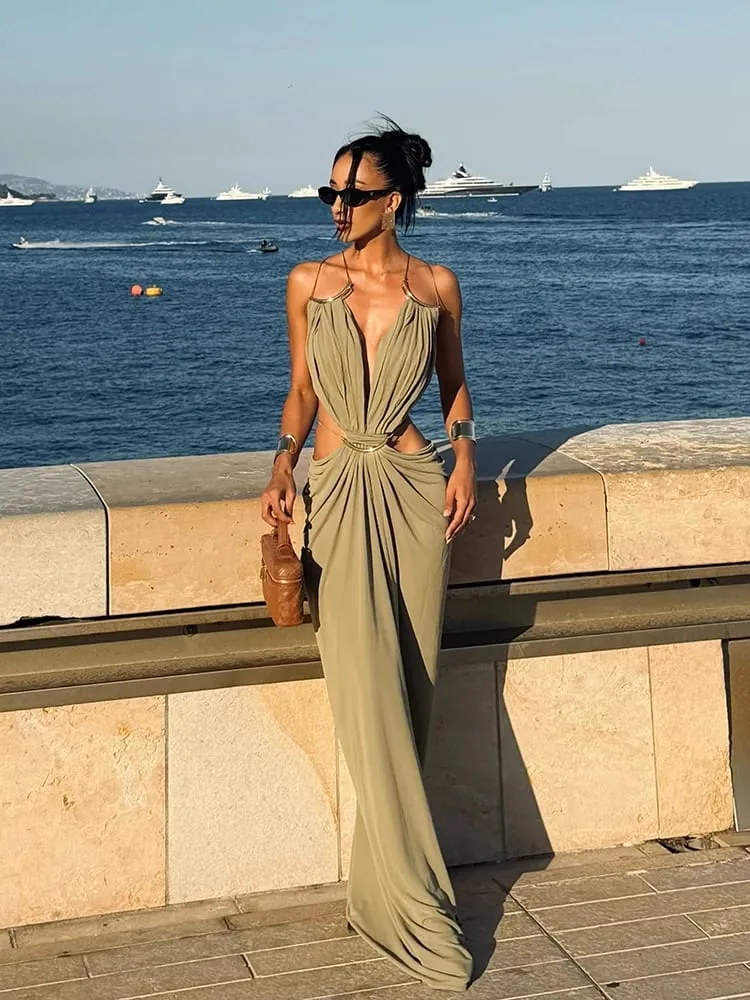 Sexy Women's Backless Dress Halter Sleeveless Waist Hollow Out Solid Female Dresses 2026 Summer Vacation Beach Fashion Lady Robe — image 2