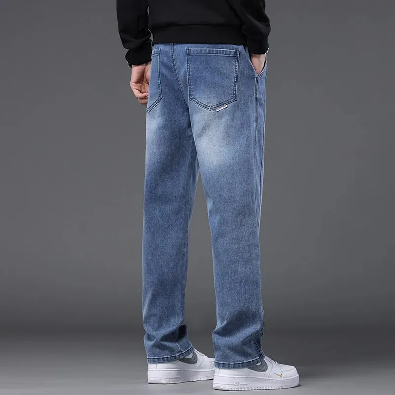 Autumn Winter Blue Jeans Men Drawstring Elastic Waist Cotton Cargo Denim Pants Work Fashion Thick Trousers Male Plus Size M-4XL