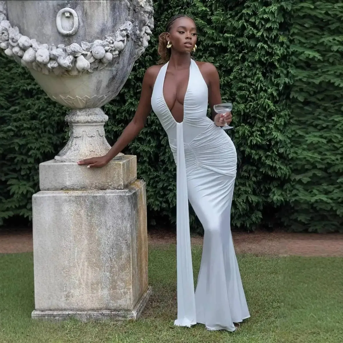 Giyu Sexy Evening Club Party Dresses Women 2025 Summer Ruched Bodycon Dress Deep V Neck Halter Draped Backless Elegant Robe — image 4
