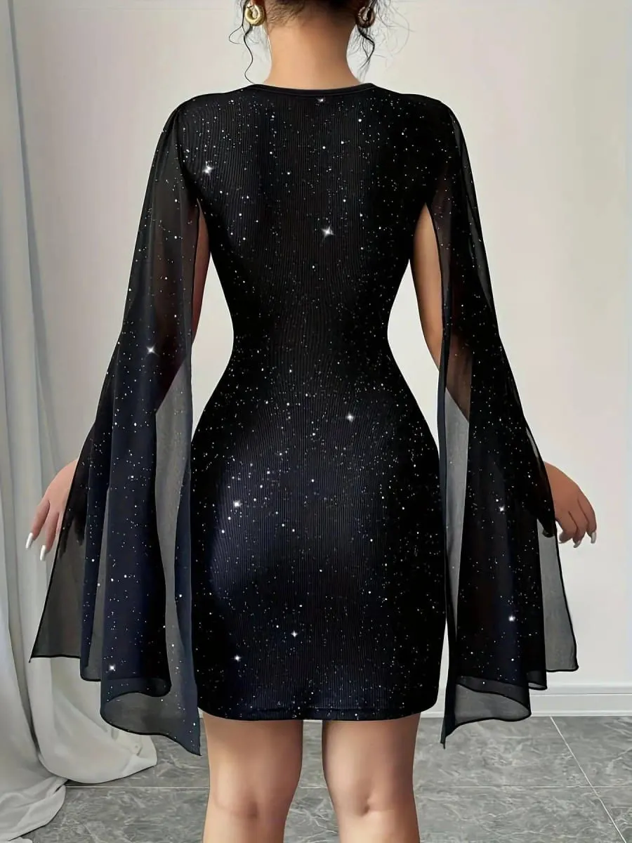 Women Black Glitter Bodycon Mini Dress Lace Crew Neck Sheer Cape Sleeve Slim Party Club Evening Cocktail Short Dress