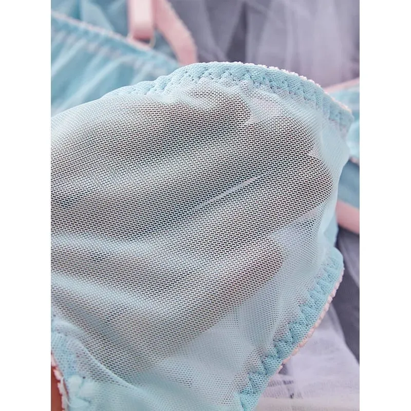 Blue Mesh Patchwork Splicing Thin Strap Strappy Semi Sheer Lightweight Lace Sexy Underwear Apparel Women Bra Briefs Lingerie Set — image 4