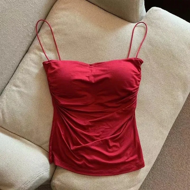 New-Sexy Solid Pleated Tank Camisole Women's Summer Spaghetti Strap Sleeveless Tops