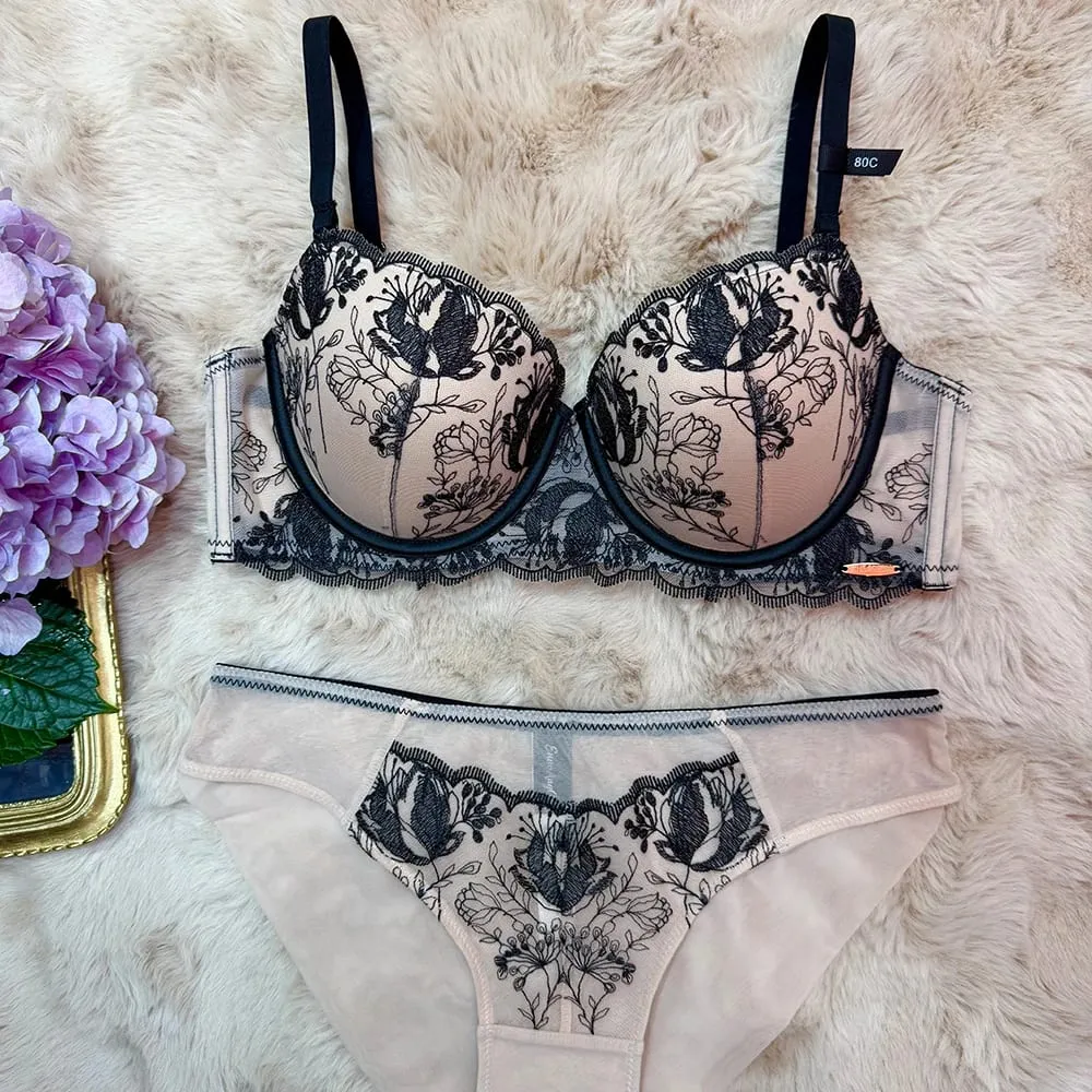 Women Midnight Whisper Floral Embroidery Lingerie Set Underwire Half‑Cup Bra & Panty 2‑Pcs Sheer Mesh Romantic Intimate Underwea — image 1