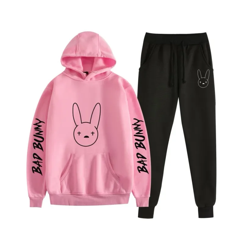 Harajuku Comfortable bad bunny Print Sweatshirt Sweatpants Suit Women's Hoodies+ Trousers Suit Boys/Girls 2 Piece Set Clothes