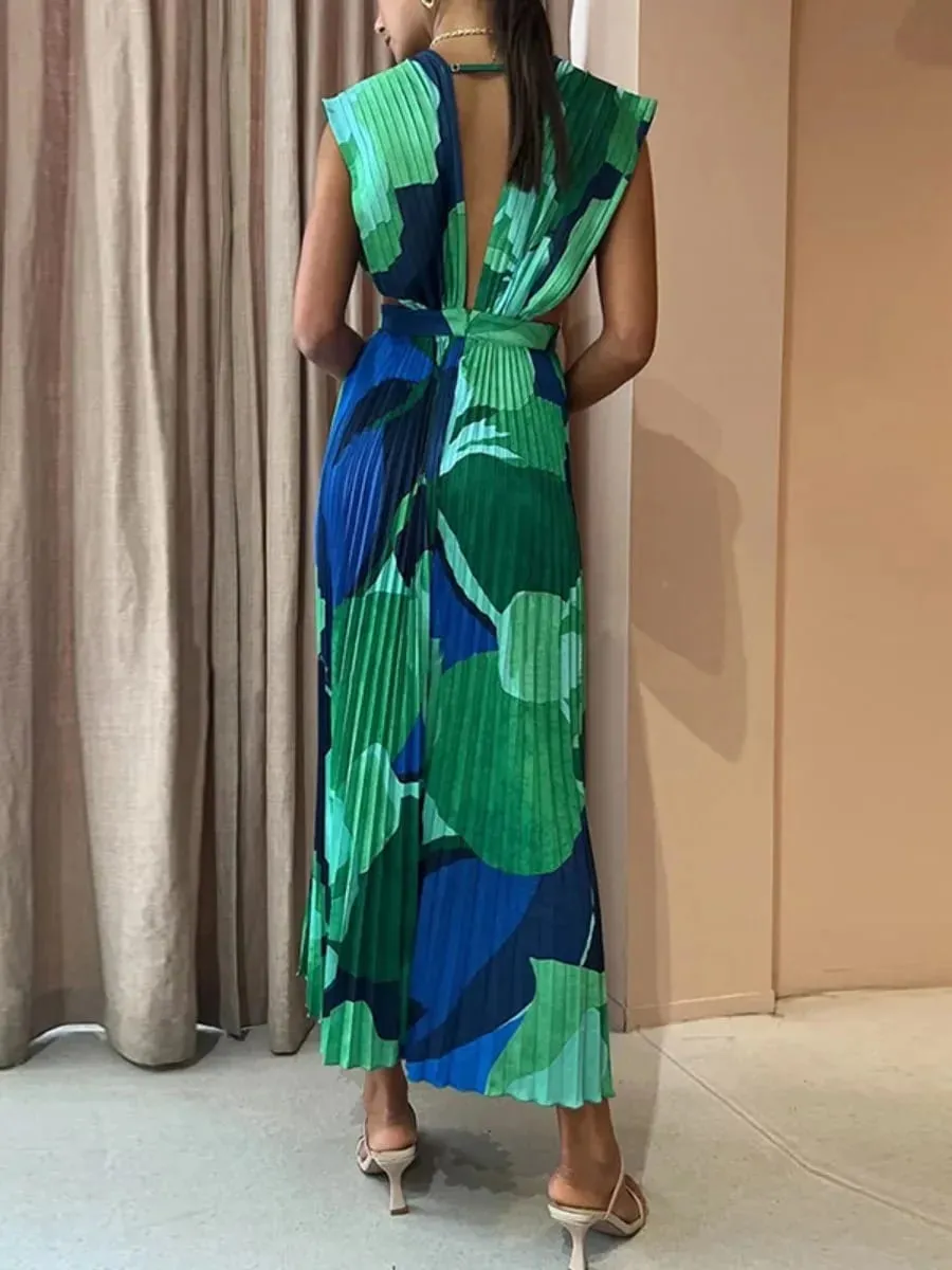 Freeacy Women's Printed Summer Dress Deep V-neck Sleeveless High Waist Pleated Midi Dress Female High Street Elegant Dresses — image 3