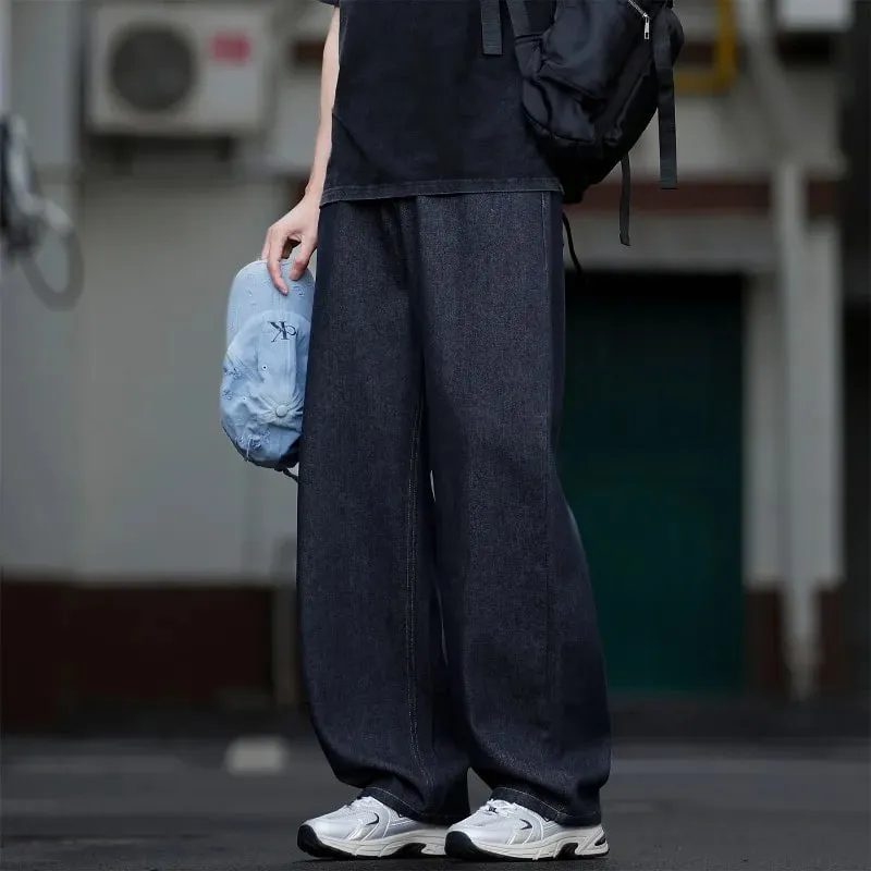 Loose American Retro Blue Jeans High Waist Wide Leg Denim Pants Half Elastic Waistband Casual Vintage Style Jeans