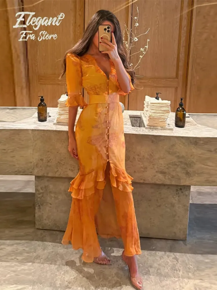 Chic Floral Puff Sleeve Women Maxi Dress Sexy V Neck Button Down Ruffle Slit Vestidos 2026 Summer New Lady Daily Party Sundress