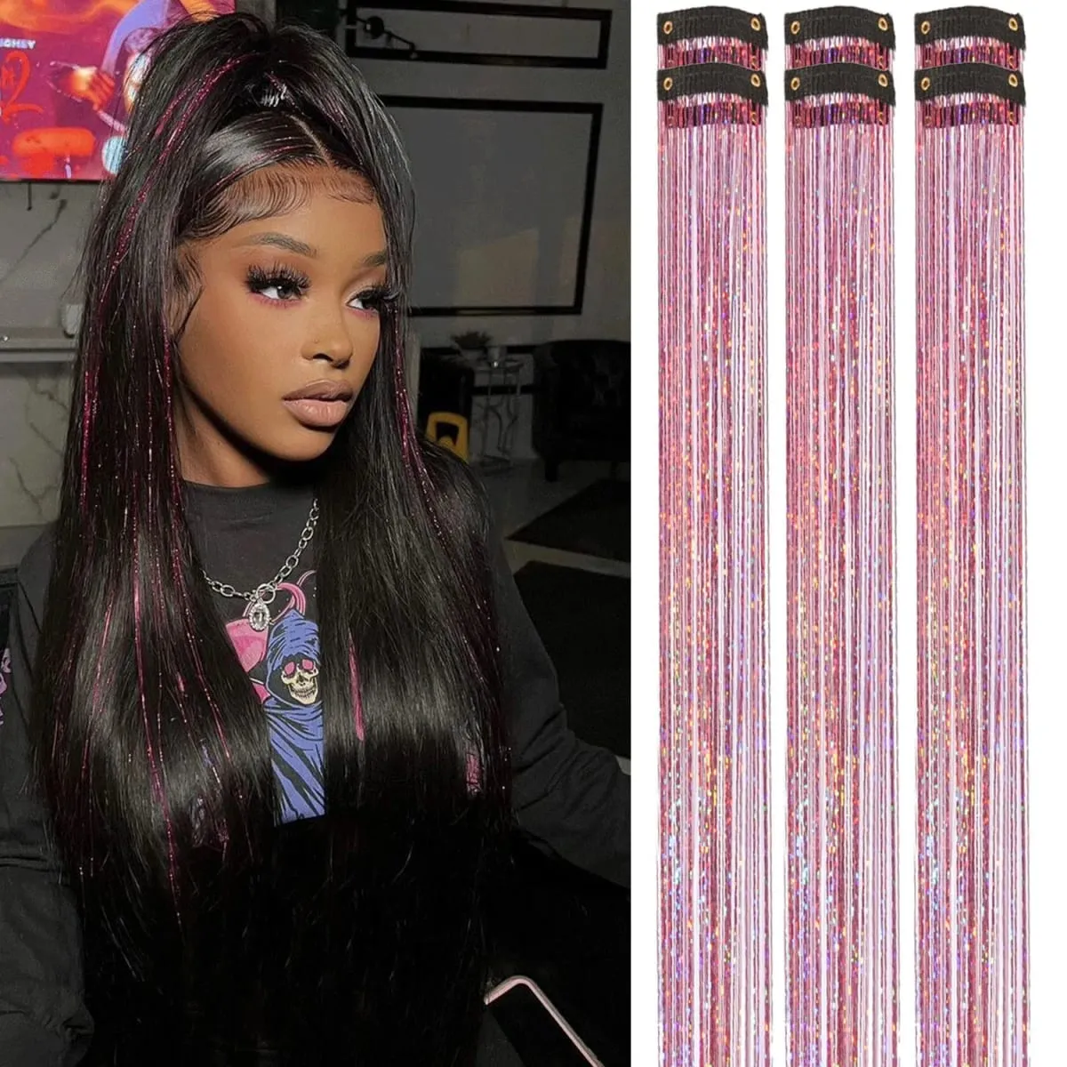 6/12Pas Synthetic Hair Tinsel Clip in 20Inch Glitter Tinsel Hair Clip in Hair Tinsel Kit Heat Resistant Shiny Sparkle Fairy Hair