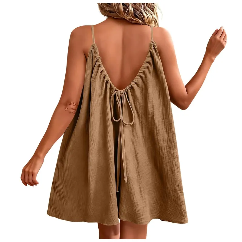 Summer Women's Cotton Linen Mini Dress 2026 New Bohemian Spaghetti Straps Dresses Backless Sundress Loose Holiday Party Robe