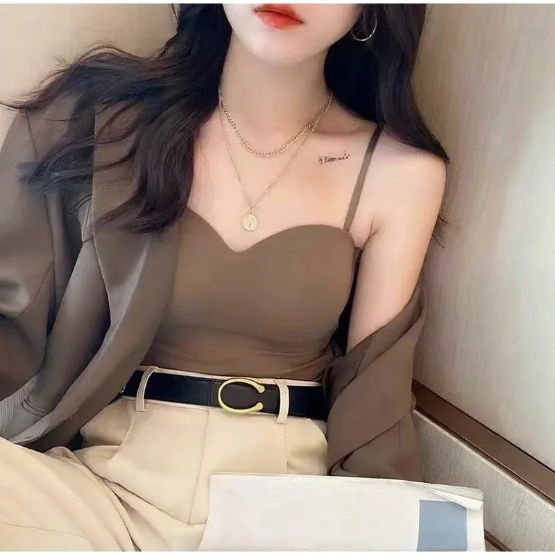 Ladies Thin Ice Silk Camisole Vest French Back Integrated Fixed Cup Traceless Vest Inside Match Outside Wear Short Hot Girl Top