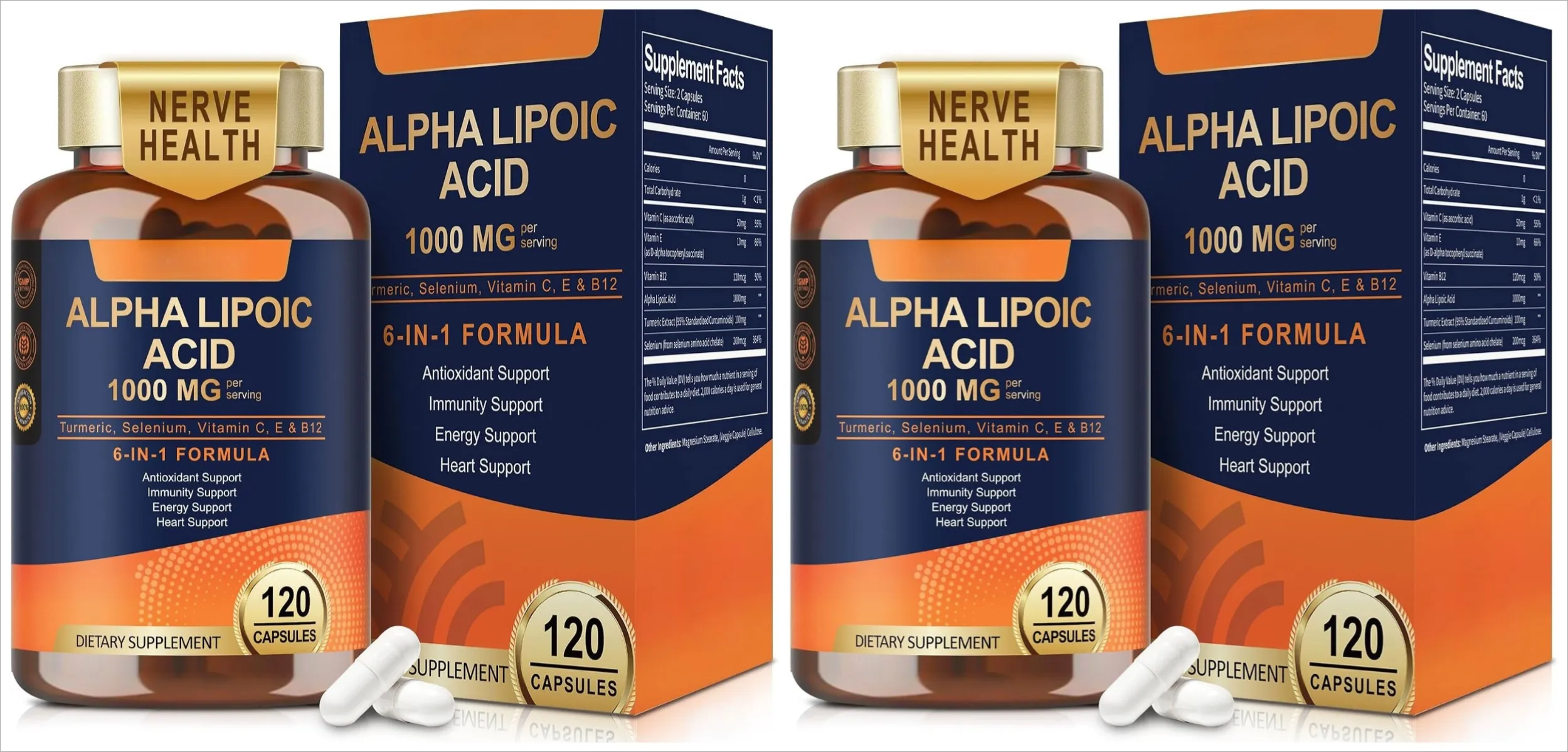Alpha Lipoic Acid 6-in-1 Formula 1000mg Turmeric Selenium Vitamins C E B12 120 Veggie Capsules for Daily Wellness Support
