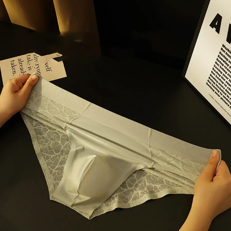 Men Triangle Underwear Ice Silk Thin Breathable Panties Quick Drying Briefs Male Sexy U Bulge Pouch Underpant Lace Leopard Print