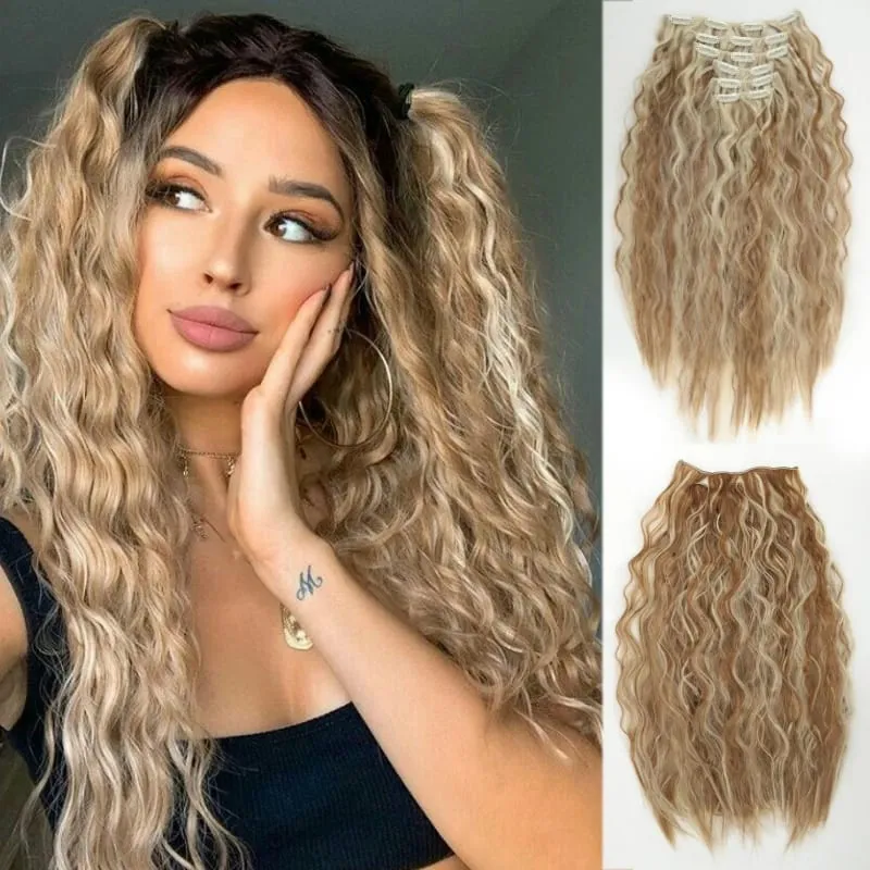 6PCS Clip In Hair Extensions 24" Black Brown Hair Extension Long Mermaid Waves Synthetic Clip On Hairpiece For Women